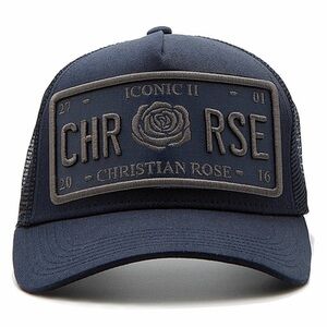 Christian Rose Navy Vinyl Iconic II Plate Men’s Trucker Baseball Cap